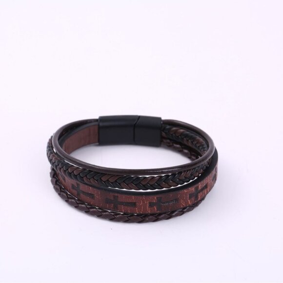 3/$35 Men's Brown Leather Cross Bracelet Magnetic Clasp - Picture 6 of 6